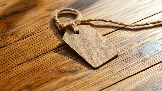 biodegradable packaging mockup with jute string seal, rustic wood background, blank tag label in focus, daylight coming from window, warm earthy composition