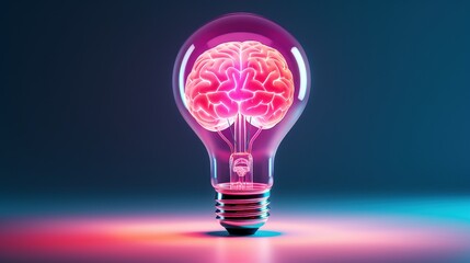 A glowing light bulb with a vivid pink brain inside symbolizes creativity, intelligence, and innovative thinking.