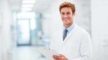 Fototapeta premium Friendly smiling male doctor holding clipboard in hospital corridor with bright lighting.