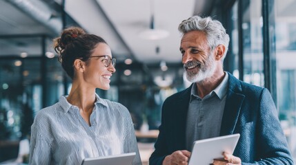 Business professionals discussing work ?? using digital devices in a modern office space.