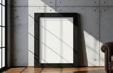 Industrial Loft Frame Mockup - Empty Black Frame on Raw Concrete Wall for Modern, Edgy Art or Poster Display in a Masculine Interior
