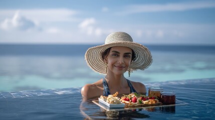 Woman in a sunhat enjoying a luxurious tropical poolside breakfast with fruits and drinks.