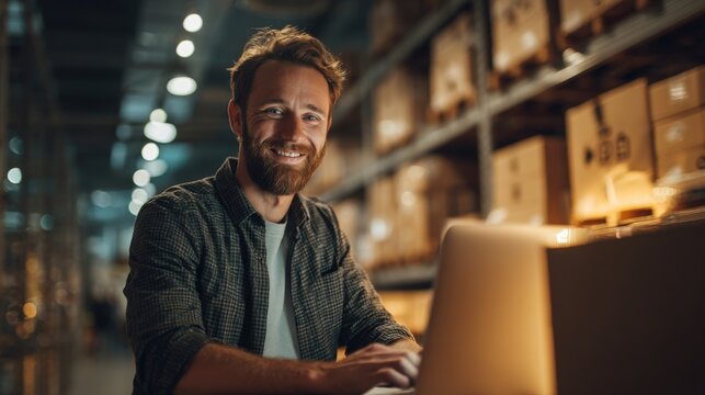 cheerful man working on laptop in warehouse storage with shelves and boxes.