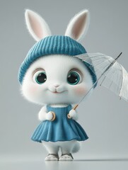 Cute white rabbit in blue hat, dress, and umbrella