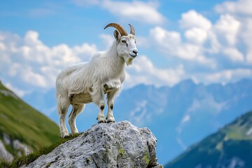Majestic goat standing on rocky outcrop alpine mountains nature photography scenic landscape wide angle view wildlife conservation