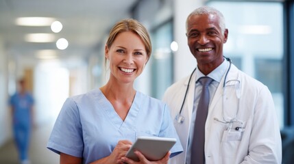 Friendly diverse medical team of healthcare professionals smiling in hospital corridor.