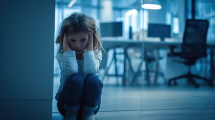 Obraz premium Young girl sitting on the floor alone looking worried or sad in a modern office environment.