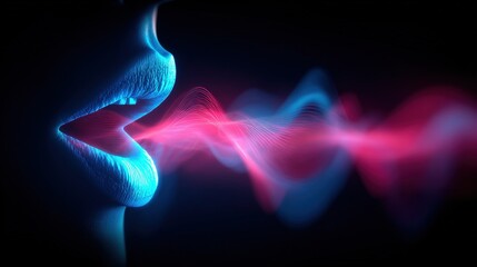 Close-up of a person's lips emitting colorful vocal sound waves in a dark background.