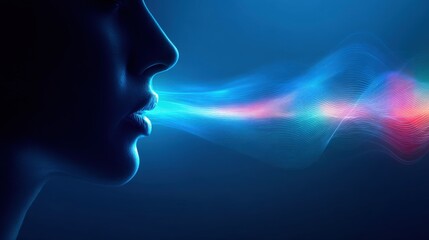 Obraz premium Close-up of a person's face exhaling colorful vapor or smoke in dark setting with blue lighting.