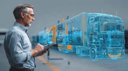 Advanced autonomous delivery truck with digital hologram interface in futuristic warehouse.