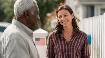 Friendly young woman talking to elderly man outdoors in suburban neighborhood during daytime.