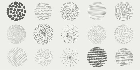 Hand drawn black pen doodles of circular shapes. Vector isolated circles and round sketch lines. Modern abstract trendy design. Graffiti bubble elements. Minimal line scribble set on white background.