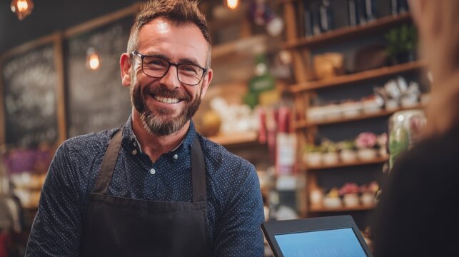 Friendly smiling male store clerk assisting customer at retail counter indoors.