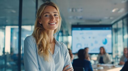 Fototapeta premium Young smiling woman in business office with colleagues during team meeting or presentation.