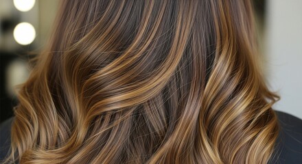 Close-up of long wavy brunette hair with soft highlights in salon lighting 