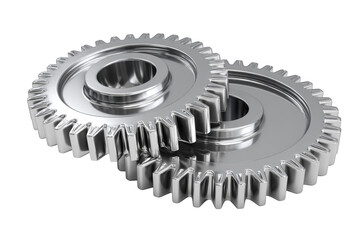 Metal gears and cogs arranged on white background showcasing mechanical parts and engineering concept