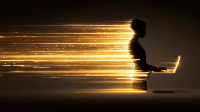 A silhouette of a person typing on a laptop, surrounded by dynamic golden light trails representing speed and innovation.