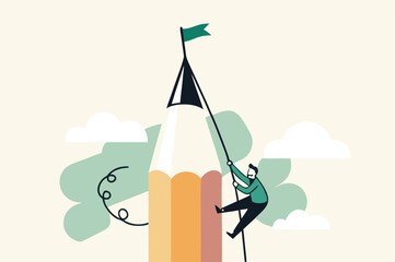 Young creative man climbing pencil mountain aiming to reach winning flag at peak