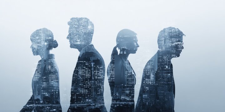 Diverse group of four business professionals standing in profile with cityscape overlay in a modern corporate environment. - Powered by Adobe