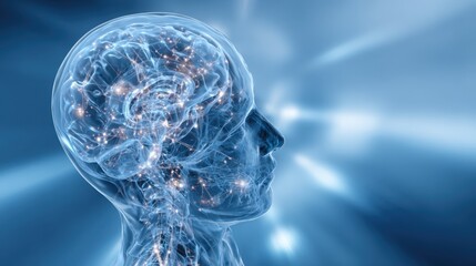 Highly detailed digital illustration of a human brain with neural connections in profile view.