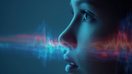 Obraz premium Close-up of a young woman with blue lighting and digital wave overlay in profile view.