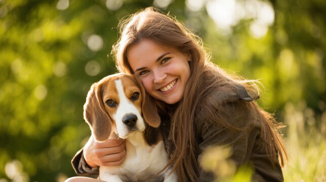 Happy young woman with long hair smiling outdoors holding adorable beagle puppy in sunny park. - Powered by Adobe