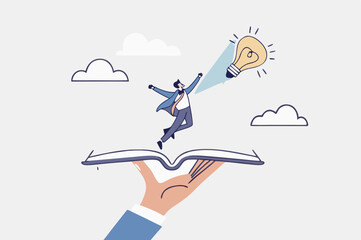 Effective learning new knowledge lead to success, wisdom or idea creativity, literature or inspiration, opportunity advice concept, young man running on opening book with stair up to lightbulb idea