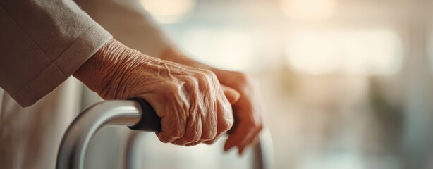 The elderly hands gripping a walker in a soft-lit environment