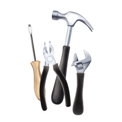 Set of construction tools hammer, pliers and screwdriver watercolor illustration. Craftsmanship concept. Handmade steel items for carpentry and repair. Construction store, banner, background