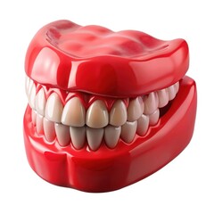 Obraz premium Realistic 3d render of a full set of dentures with red gums on white background