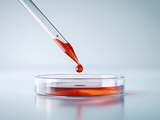A scientific glass dropper releasing a drop of blood into a transparent glass petri dish.