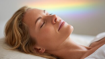 Fototapeta premium Relaxing woman with closed eyes lying on bed in bright room with natural light.