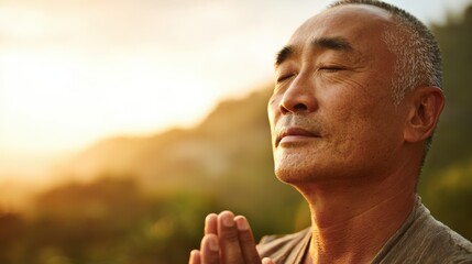 Calm elderly man practicing meditation outdoors at sunrise with peaceful expression.