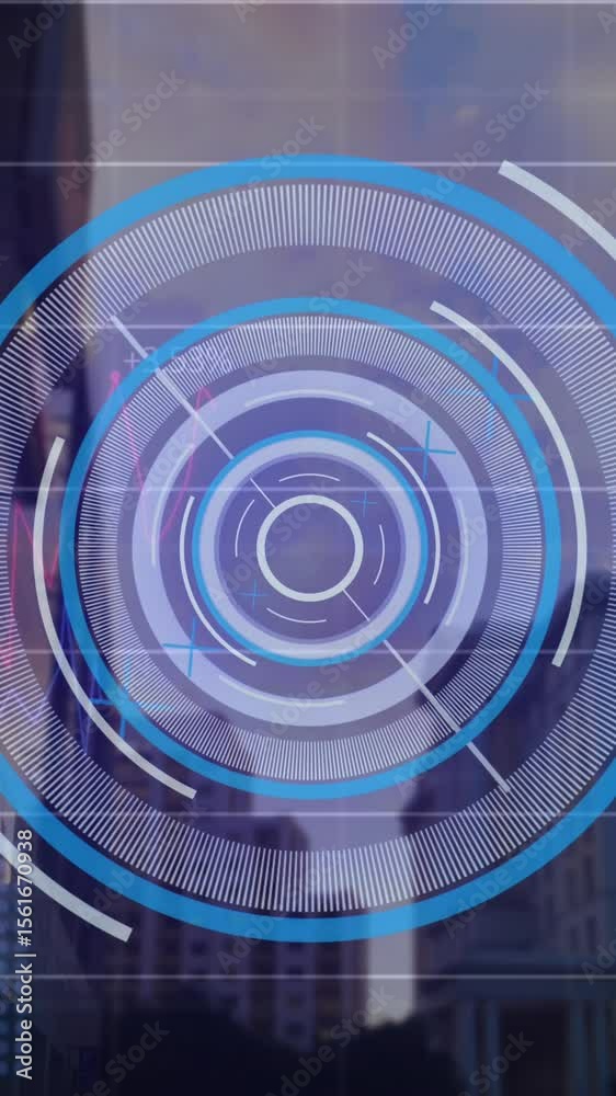 Poster animation of round scanner and statistical data processing against tall buildings