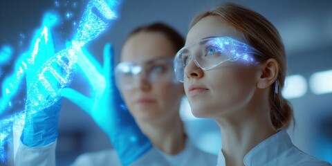 Futuristic female scientist wearing safety glasses working with holographic digital interface.