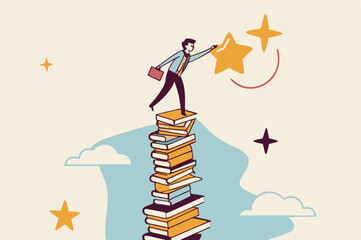 Flat illustration of smart businessman climb stack of books and reach star learning career success study knowledge education for business