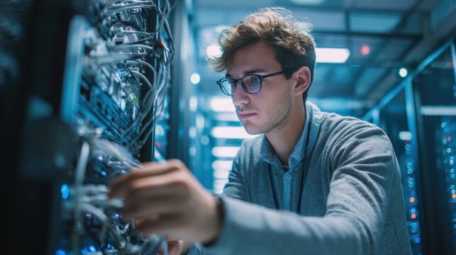 Young male IT technician working on server rack in data center with focus and concentration.