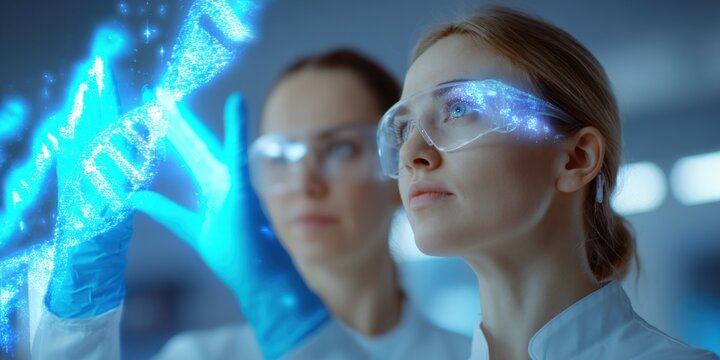 Futuristic female scientist wearing safety glasses working with holographic digital interface. - Powered by Adobe