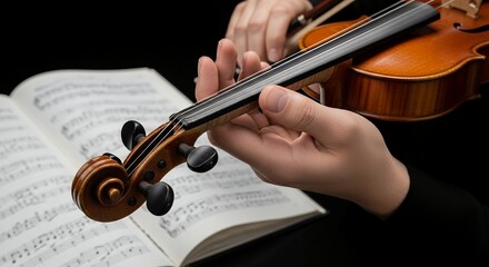 Fototapeta premium Closeup of Hands Holding Violin Neck, Music Sheet Blurred Background