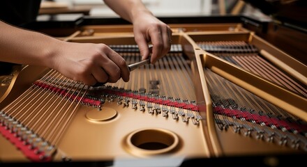 Piano Technician Carefully Adjusting Strings Inside Grand Piano