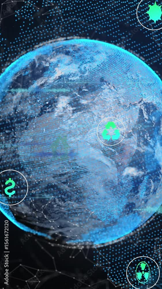 Poster digital animation of data processing over spinning globe on black background