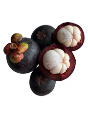 A fresh mangosteen cut in half showing juicy white flesh and thick purple rind. Known as the Queen of Fruits, with a sweet and tangy taste. Isolated on white background.