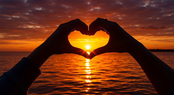 A couple forms a heart shape with their hands at sunset over the ocean