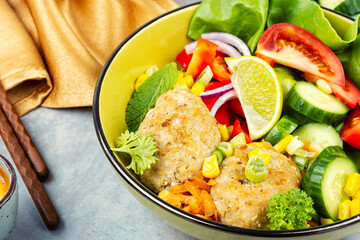 Healthy food concept with fried fish cutlets.