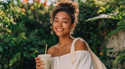 Cheerful young woman smiling holding a cold beverage in a lush outdoor garden setting.