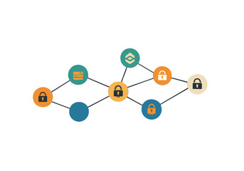 Modern network illustration featuring interconnected locks and datnodes Clean geometric design with a pastel color palette Ideal for technology security and business concepts