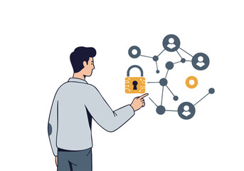 professional man oversees a network connection symbolizing security and connection Modern illustration style with a padlock icon and interconnected figures Clean digital design