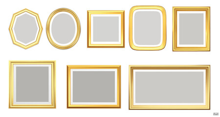 Set of gold modern frame isolated on white background. Realistic rectangle, circle, oval Photo golden frames mockup. Classic Borders set for painting, photo gallery. 3d vector illustration.