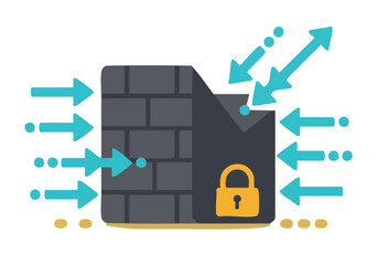 stylized graphic depicts a firewall protecting data flow with a lock Modern flat design illustration Suitable for tech security and network concepts