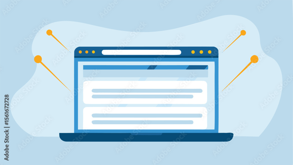 Wall mural laptop displaying a website layout with lines and dots on a light blue and white background art work